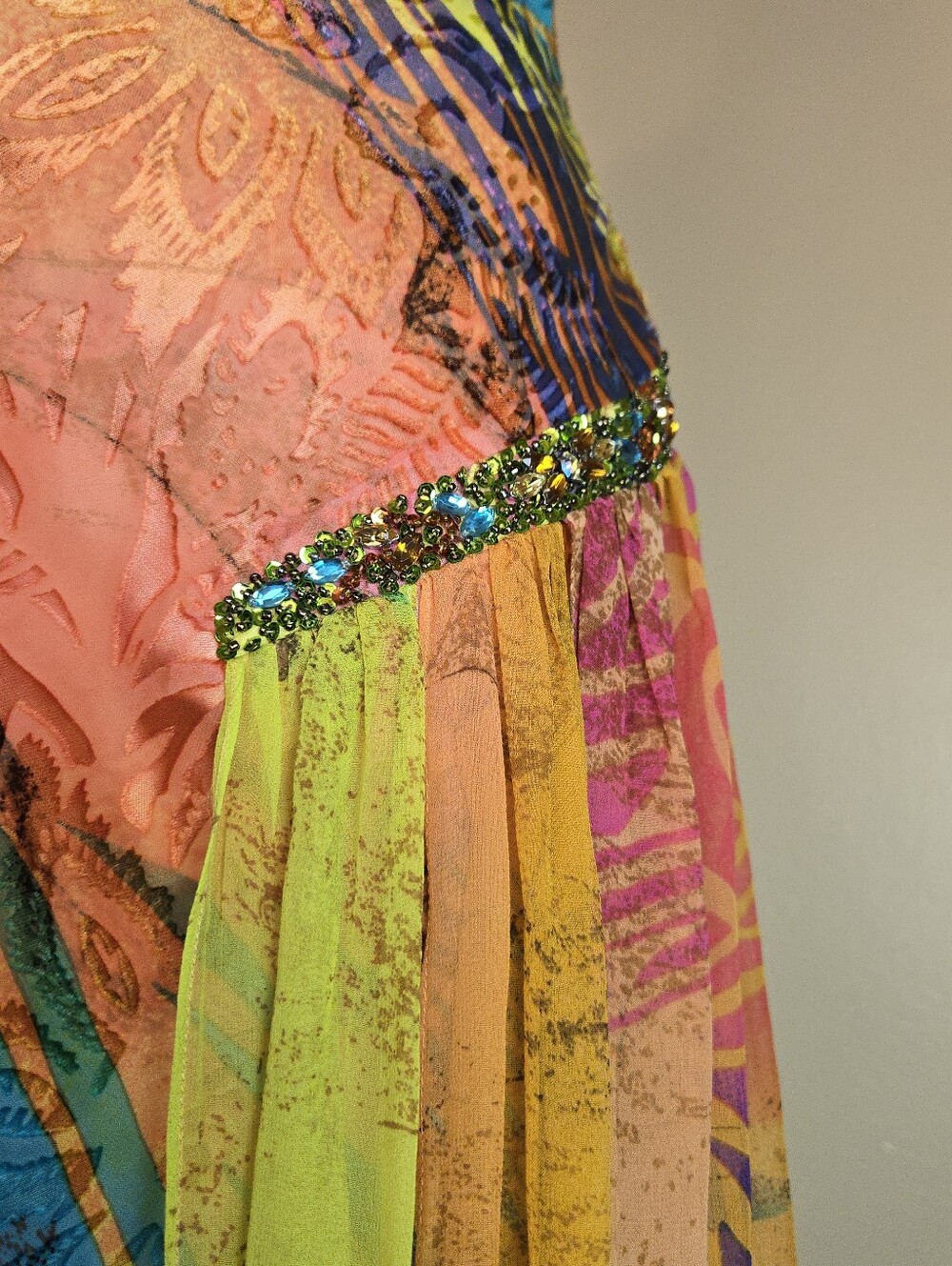 Diane Freis Silk Blend Y2K orange multicolor asymmetrical beaded midi dress - Picture 11 of 16